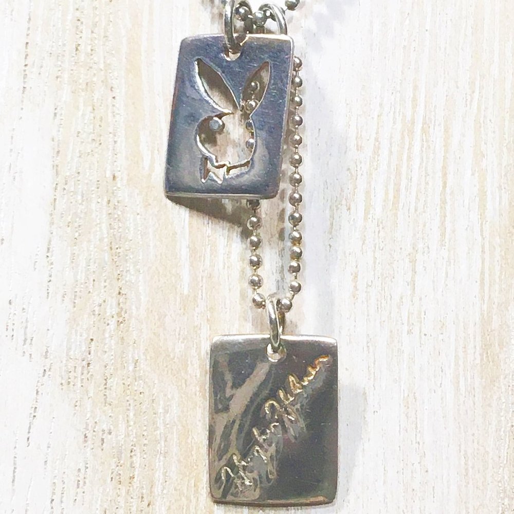 AUTHENTIC VERY HTF PLAYBOY STERLING BUNNY & HUGH HEFNER DOG TAG NECKLACE 17.5"